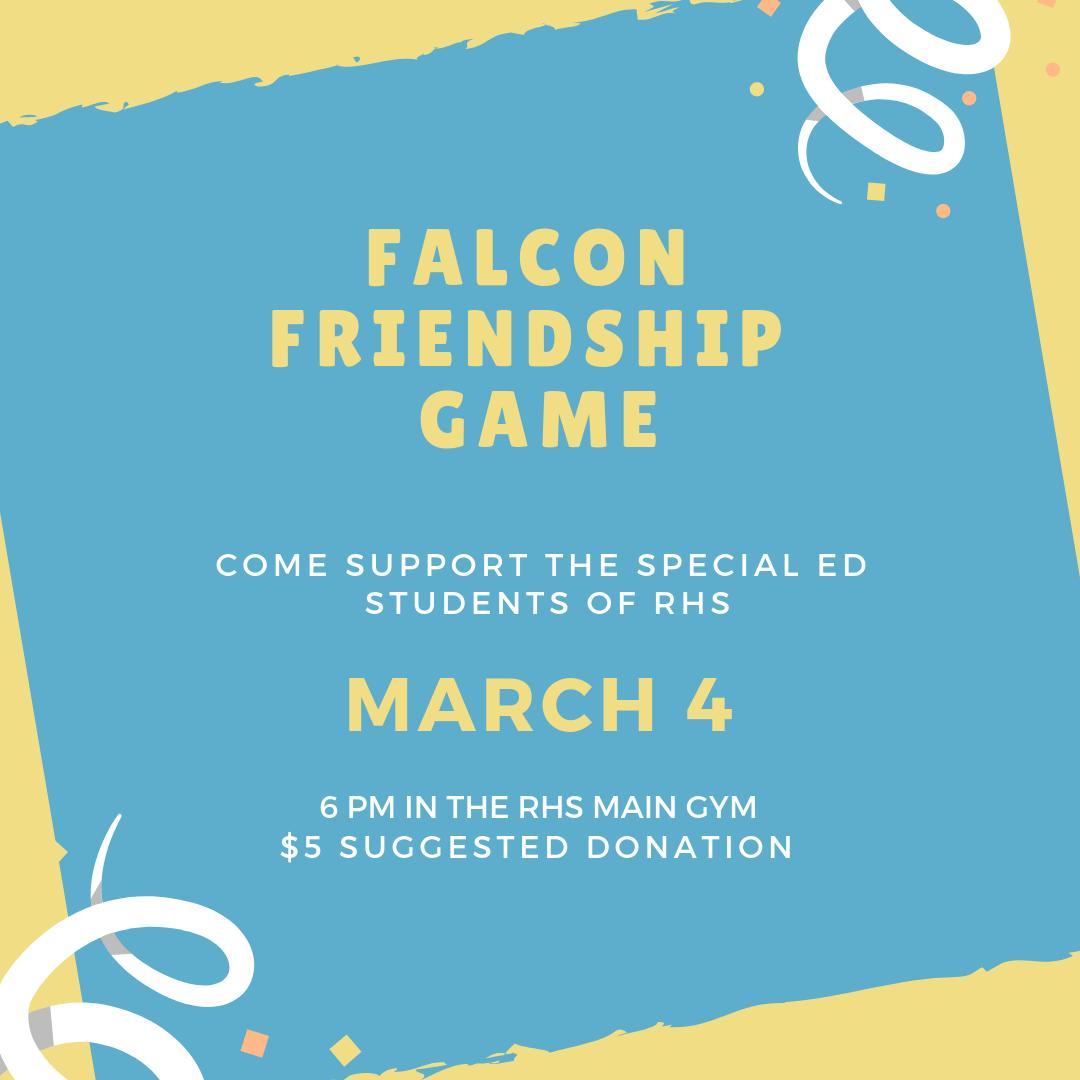 elizabeth_bulat's tweet photo. The Falcon Friendship Basketball Game is tomorrow at 6PM in the RHS main gym. Admission is a suggested $5 donation and goes to the RHS special education department. Come out to support these athletes!!🏀 https://t.co/VLSpUvU6Ib