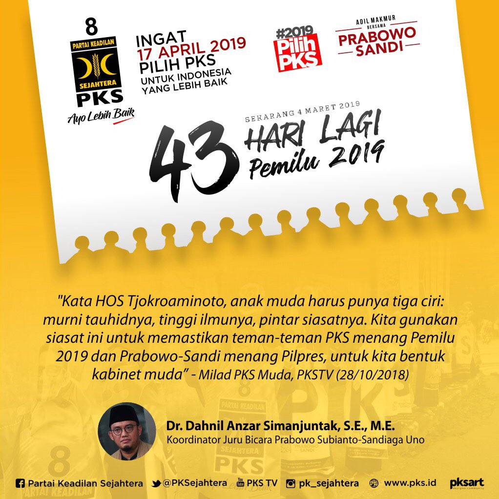 H-43 Pilih PKS <a href="/PKSejahtera/">DPP PKS</a> 

“..Untuk memastikan teman2 PKS menang Pemilu 2019 &amp; Prabowo-Sandi menang Pilpres,utk kita bentuk kabinet muda”

Dr. Dahnil Anzar Simanjuntak <a href="/Dahnilanzar/">Dahnil A Simanjuntak</a> 
Koordinator Jubir Prabowo-Sandi

#17April2019PilihPKS #TestimoniPKS  #Prabowo_PresidenRI2019