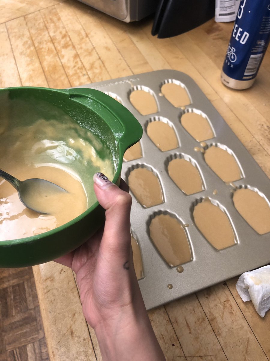 gollydrat's tweet photo. Ok @SamaraSeepersad is teaching me how to make madeleines and she’s left the room, leaving me alone with the forbidden raw batter bowl. Tweeting this so if I KO, she knows what to blame 😇 https://t.co/1FZxZ8tcjs