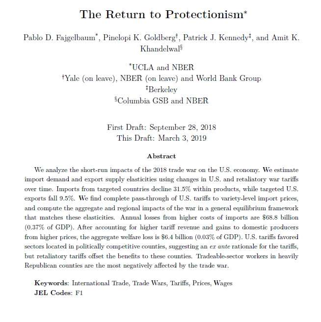 Another just-updated trade war paper by leading economists also finds 100% pass-through of US tariffs to consumer prices, slightly smaller DWL econ.ucla.edu/pfajgelbaum/RT… HT: <a href="/tylercowen/">tylercowen</a>