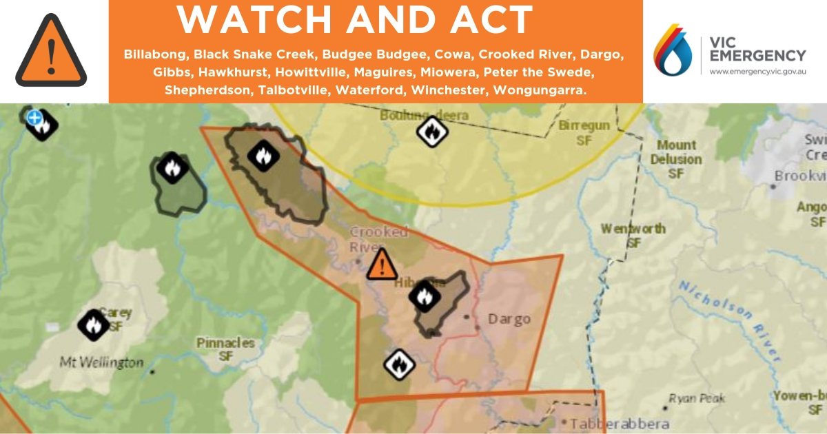 CFA_Updates's tweet photo. This Watch and Act replaces the Emergency Warning
#Billabong, Black Snake Creek, Budgee Budgee, Cowa, #Crooked River, #Dargo, Gibbs, #Hawkhurst, #Howittville, #Maguires, #Miowera, Peter the Swede, #Shepherdson, #Talbotville, #Waterford, #Winchester, #Wongungarra
#vicfires https://t.co/edZyoPOSi7