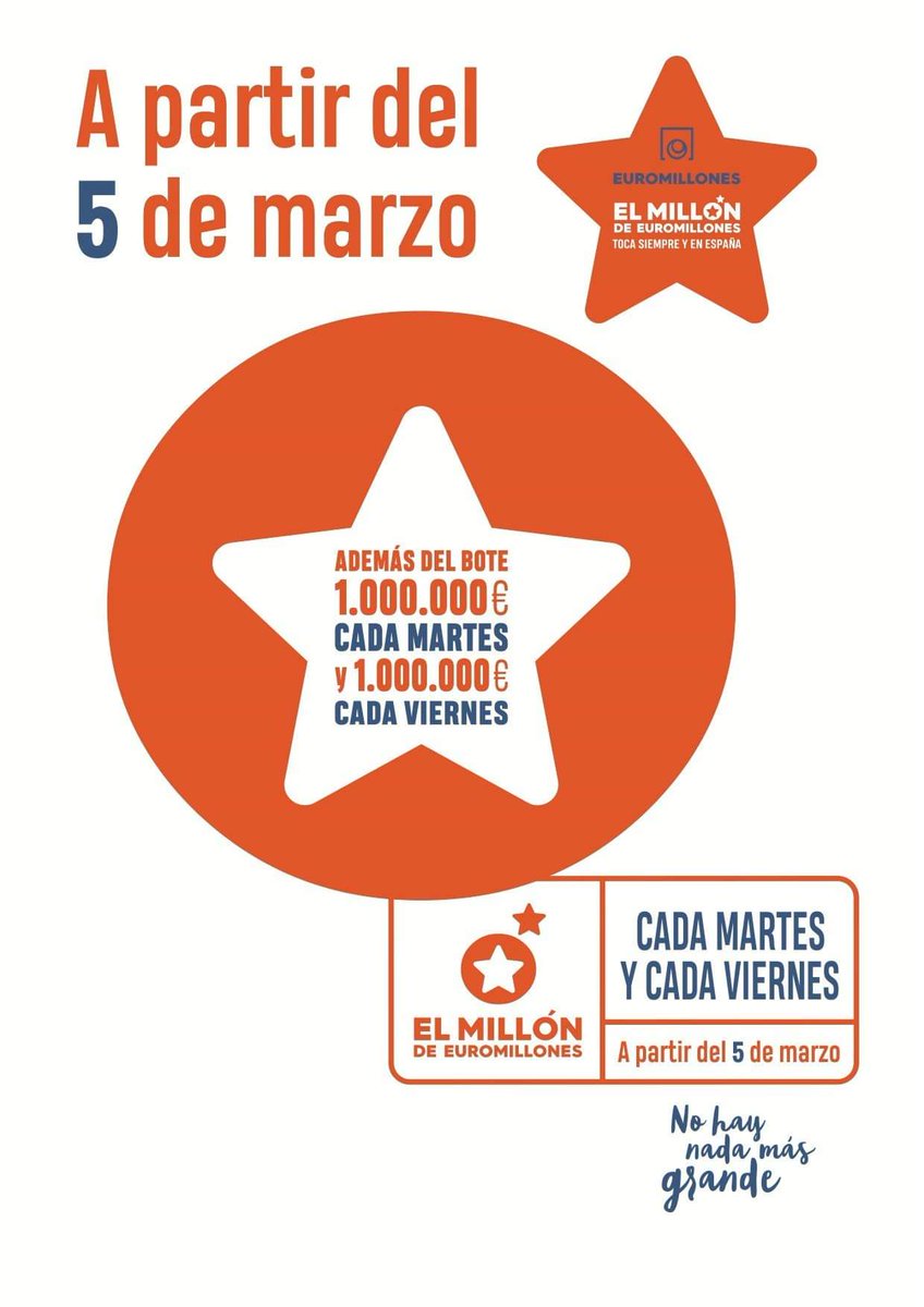 Ahora cada martes y cada viernes entras en el #sorteo de 1 millón de euros por cada jugada en #Euromillones!!!!

Cada semana habrá dos nuevos millonarios en España!!!!