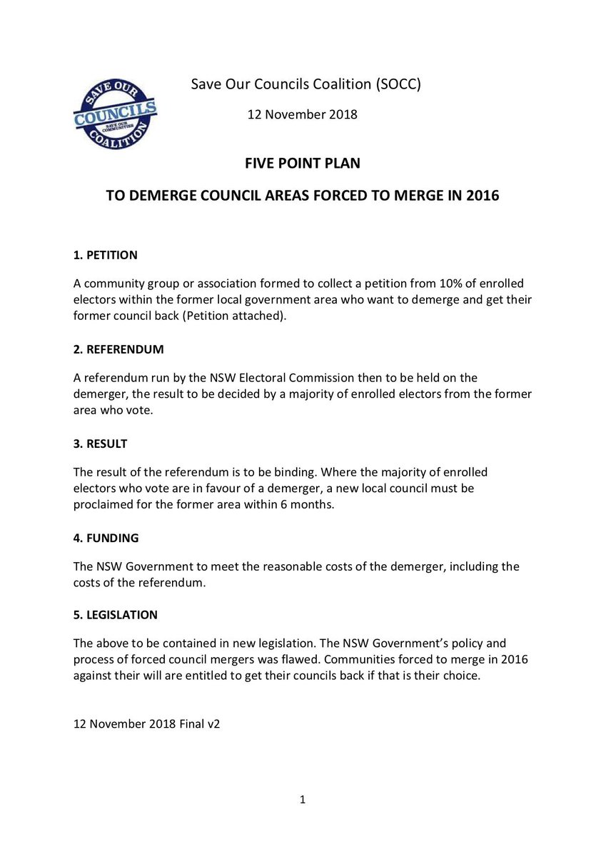 Support the Tumbarumba Rally!!
 Give the community their council back and only support parties and independents who support a referendum on demerging as per the SOCC five point Plan attached  #DeMergeNow <a href="/SaveTumbarumba/">SaveTumbarumbaShire</a> <a href="/brigidglanville/">brigid glanville</a> <a href="/cassiemccullagh/">Cassie McCullagh</a> 
facebook.com/events/3945015…