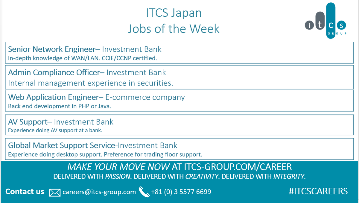 ITCS_Teren's tweet image. Please contact me for more information.
teren.smith@itcs-group.com
03 5577 6699
#inform #mondays #itcs #jobs #tokyo #tech #devb #java #development #bank #banking #compliance #web #internet #investment #investmentbank #support #av #global #bilingual #japan #desktop