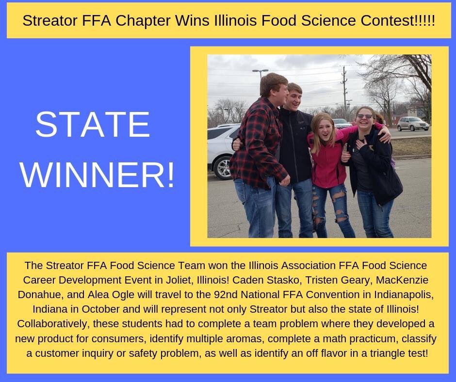 StreatFFA's tweet photo. Introducing the STATE WINNING @IllinoisFFA Food Science Team!! Thanks to @TysonFoods for their continued sponsored of this Career Development Event!! #SHSuccess #foodscience #learningtodo #teachag #StreatorFFA #teamproblem #aroma #customerinquiry #nationalbound #FFA https://t.co/VXybwu8GT4