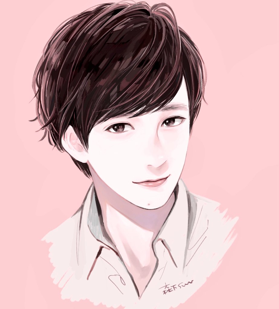 1boy male focus solo black hair short hair profile dated  illustration images