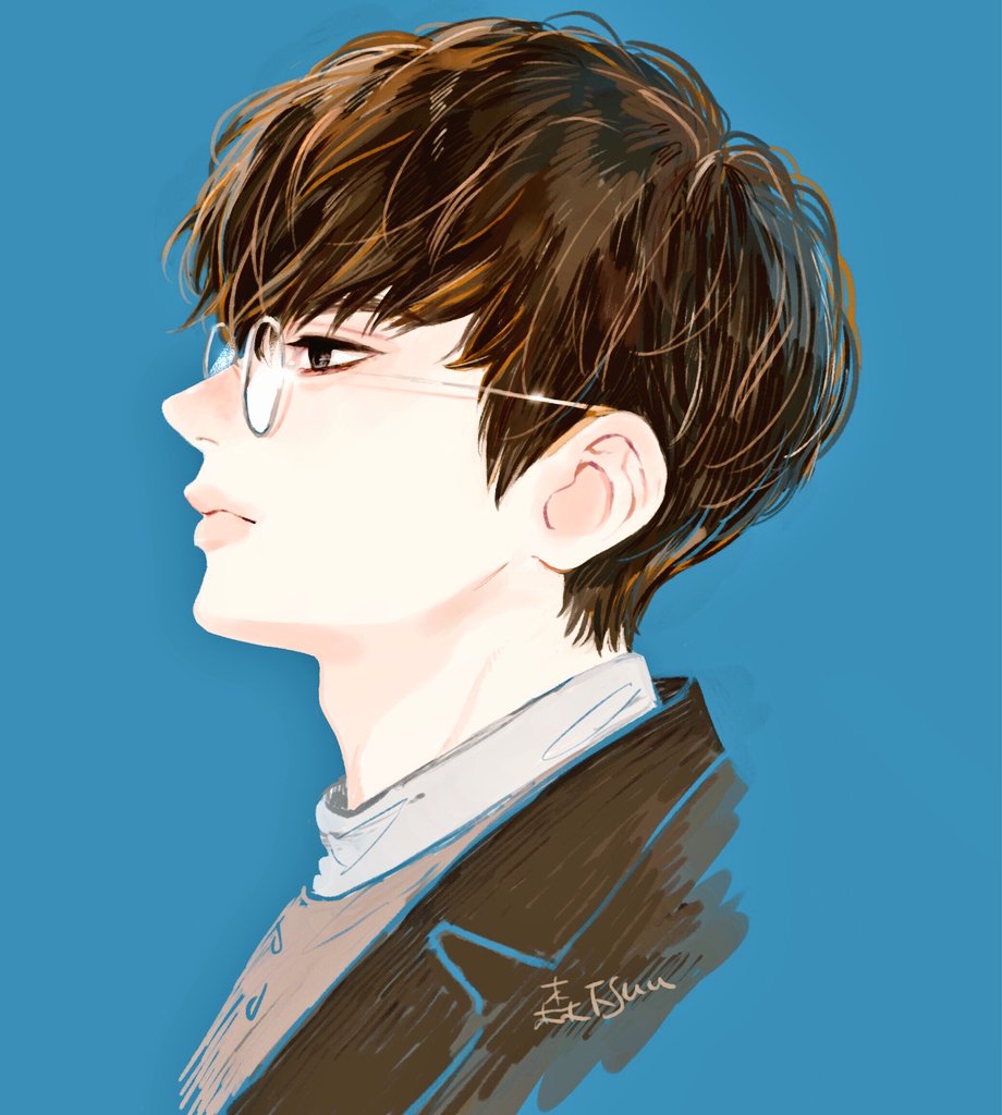 1boy male focus solo black hair short hair profile dated  illustration images