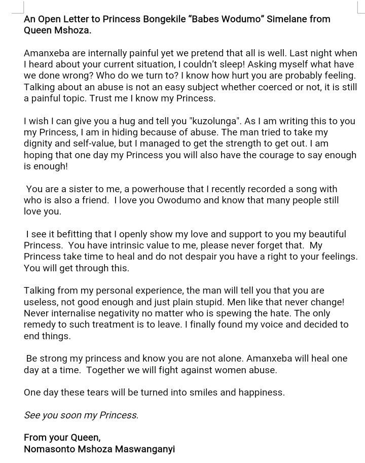 AdvoBarryRoux's tweet photo. Do you remember this Open Letter to Princess Bongekile "Babes Wodumo" Simelane from Queen Mshoza #BabesWodumo #Mampintsha https://t.co/0oSri2aA3J