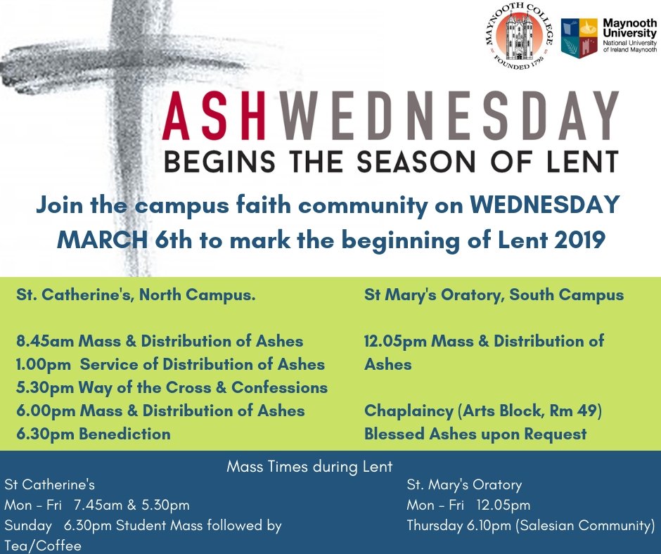 MU_StudentServ's tweet photo. @MU_Chaplaincy Ash Wednesday - details of Masses and Distribution of Ashes on both North and South Campus. https://t.co/HrYCJR1BY2
