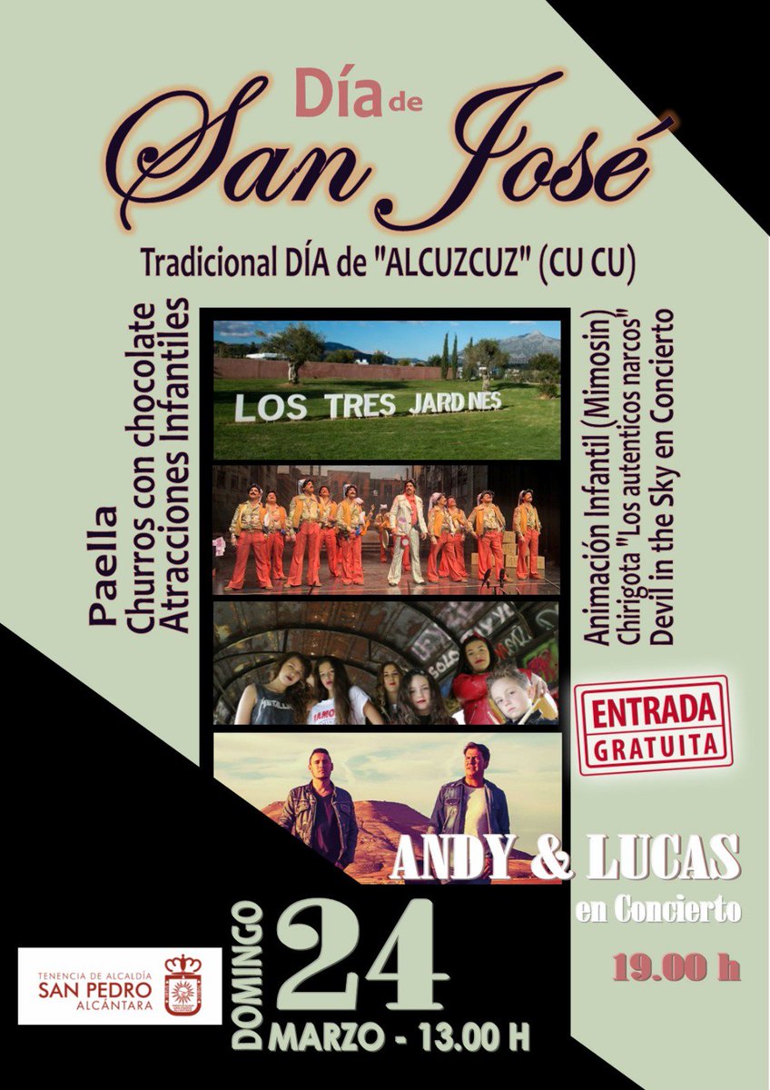 .<a href="/TenenciaSPA/">TenenciaSanPedroAlc</a> organiza el día de #SanJose el tradicional Día de Alcuzcuz el 24 de marzo con actuaciones de <a href="/_AndyyLucas_/">Andy Lucas oficial</a> <a href="/chiriSanPedro/">La Callejera de San Pedro 2020</a> #DevilsInTheSky <a href="/Mimosinshow/">EL SHOW DE MIMOSIN</a>