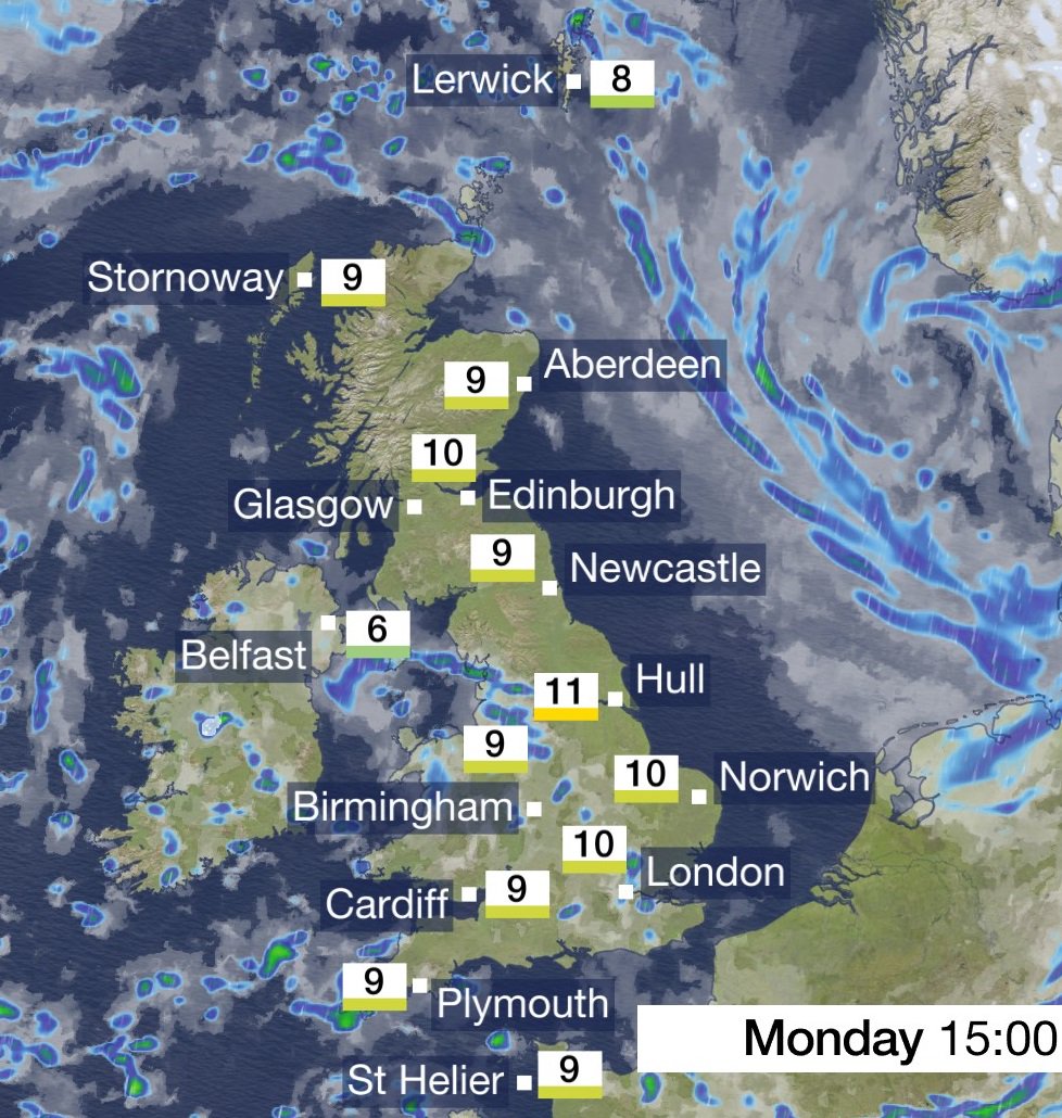 bbcweather's tweet photo. Here's how this afternoon is looking. Dry for many of us with sunshine and showers (some heavy / with hail) for some ☔️🌤️ https://t.co/rRt8tkXL9T