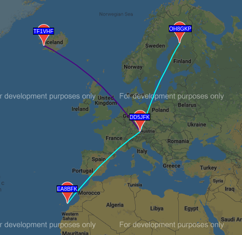 dd5jfk's tweet photo. WSPR results after running the Raspberry Pi transmitter at the #MakeMunich yesterday. Maximum is Fuerteventura with a little more than 3000 km. Not bad for ~10mW! https://t.co/l7XRpomPBh
