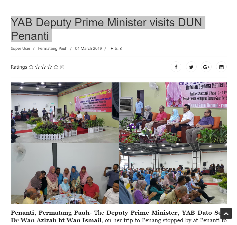 SPTnewspg's tweet photo. YAB Deputy Prime Minister, @drwanazizah visits DUN Penanti,
Read more at https://t.co/SW2TV2kFwq
#togetherasacommunity
#penant https://t.co/PPhSCRmlhz