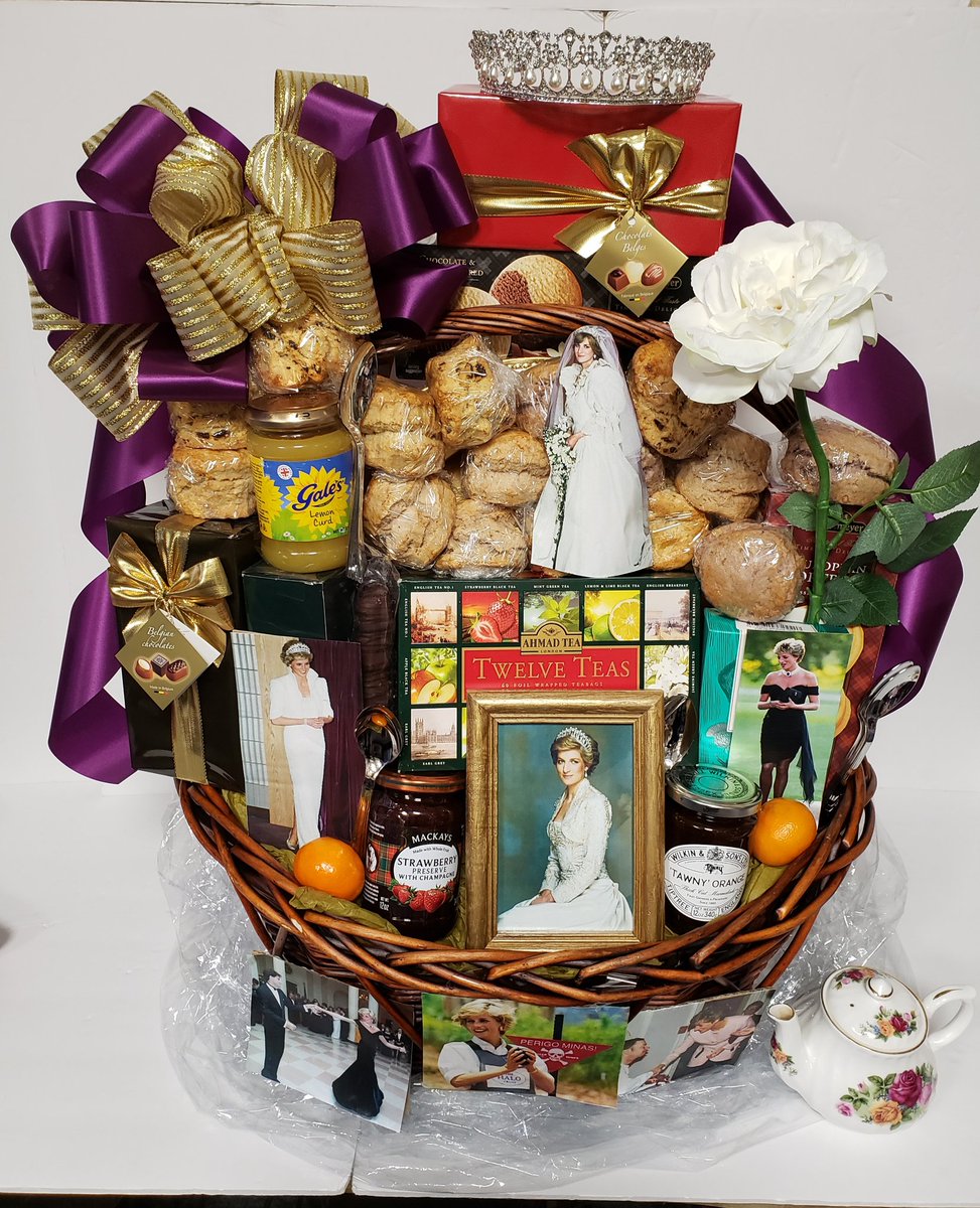 Custom baskets are a specialty at The Best To You! Princess Diana theme for La Jolla Playhouse. #giftbaskets#royalty#themedgifts#raffleprizes#SanDiegoGiftBaskets#Corporategiftbaskets