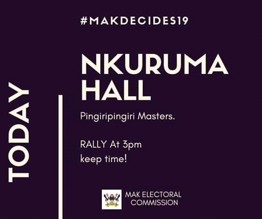 KizzaGodfre's tweet photo. @MakGuild don't miss today's third Guild Presidential rally at @nkrumah_hall. #OGB and #NRA will provide security in addition to #ECGB which protects the EC commissioners and Guild Candidates. We warn students against any form of violence.
@MakerereU @ProfNawangwe @MakerereNews https://t.co/hhZSMpPk1Z