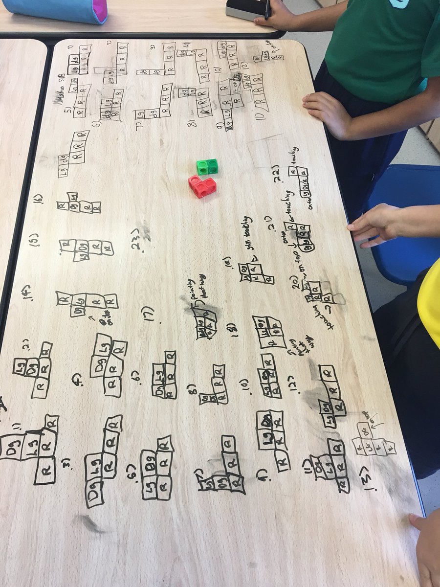 EimearRetter's tweet image. Tackling some logic problems today using @nrichmaths. The red cubes must touch the table but the green cubes cannot. How many possibilities can you find?#whatitaughttoday #nrich #logicproblems