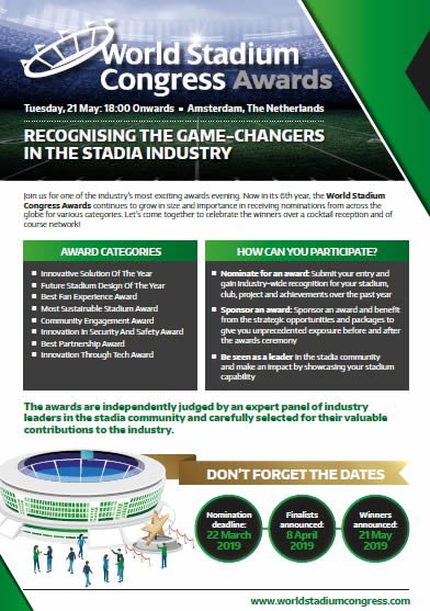 Have you submitted your World Stadium Congress #Awards entry yet? This is your chance to be considered for global recognition, acclaim and future business opportunities. Submit your entry by 22nd March. Download the entry form today: bit.ly/2EJ8M0O