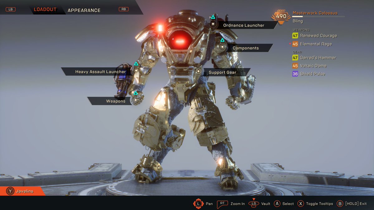 basementflavor's tweet photo. My masterwork Colossus. I named him 'Bling'! Ready for #Grandmaster2 in @anthemgame watch him in action https://t.co/W6FwYqn3V3 https://t.co/72iwEny9HJ