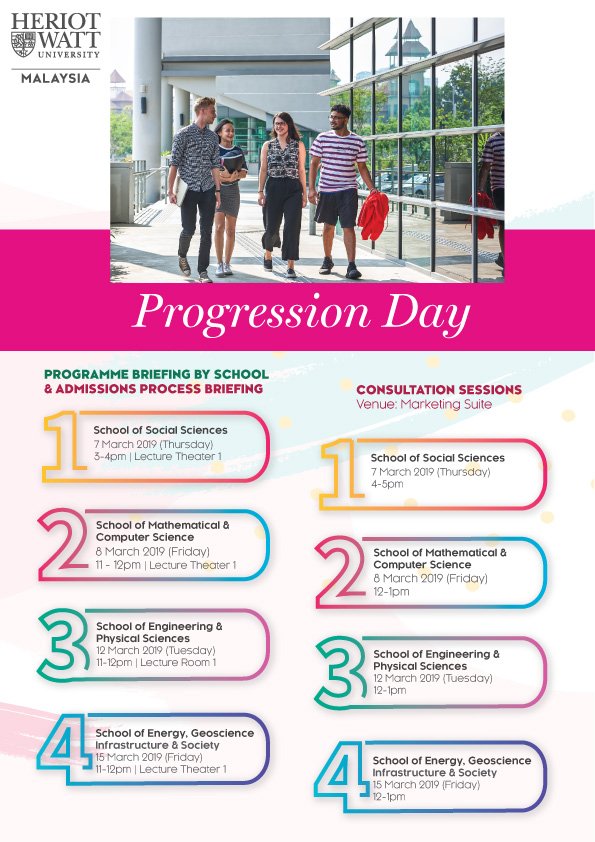 HWUMalaysia's tweet photo. While you embark on a new academic journey, you don’t have to go through it alone. Come and discuss about your next chapter with our academic experts and Education Consultants. Check out the schedule below. #progressionday #wattuni https://t.co/l9TfaQq4wb