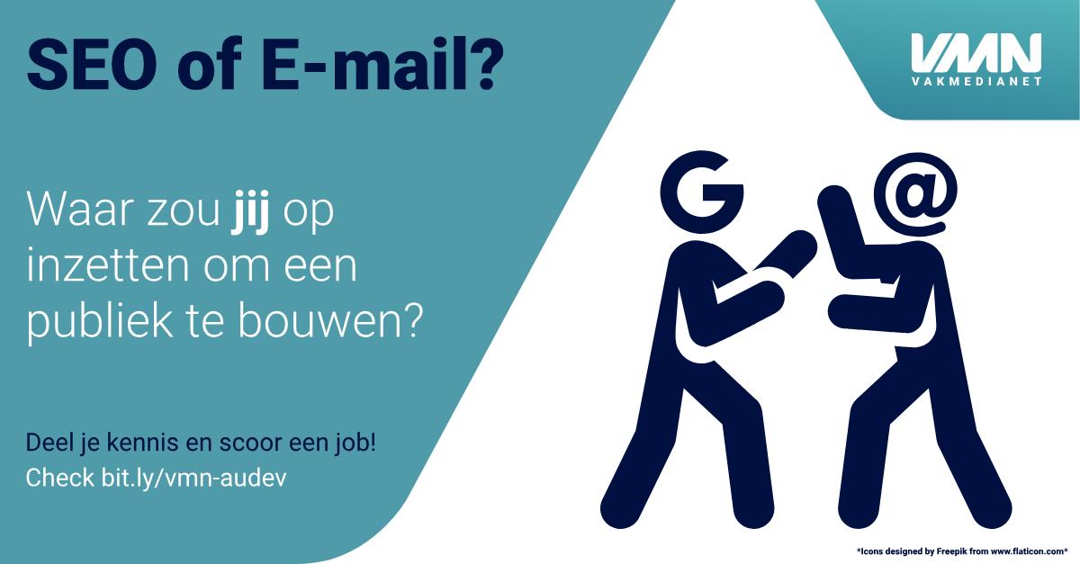 Stel je wilt een betrokken publiek bouwen met content. Waar zet je dan op in? #Email of #SEO?

Check bit.ly/vmn-audev voor een topjob op het snijvlak van contentmarketing en redactie.

#vacature #contentmarketing #emailmarketing #audiencedevelopment