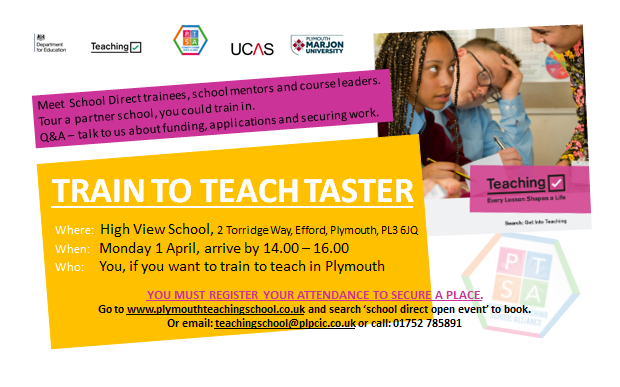 PlymouthTSA's tweet photo. What is training to teach 👩🏽‍🏫👨🏿‍🏫with @PlymouthTSA #SchoolDirect all about? Come to a TRAIN TO TEACH TASTER at partner school @HighViewPlym Monday 1st April, 14.00 - 16.00. Registering is essential 👉: https://t.co/9ZHl02lrz1 @MarjonTEP @marjonuni @getintoteaching PLEASE SHARE 👍🏽 https://t.co/hJCQggp4eW