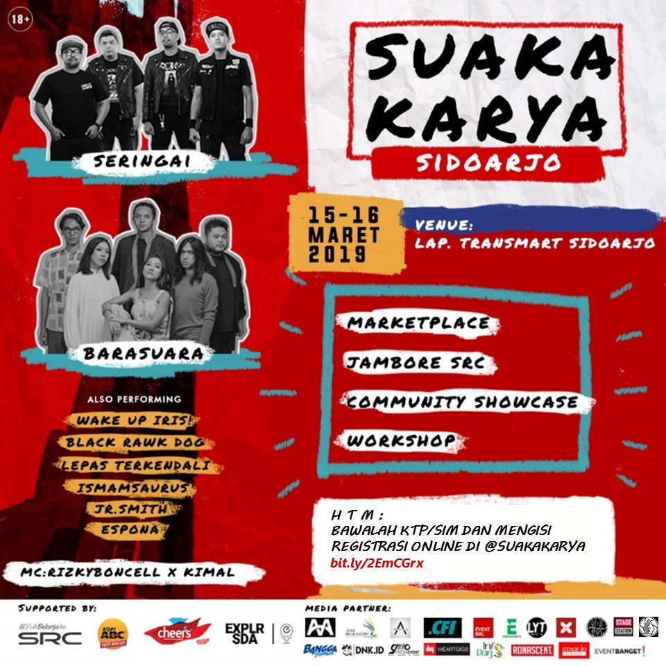 #TODAY: Seringai &amp; Barasuara bersiap mampir ke Lap. Transmart #Sidoarjo, tepatnya pas Suaka Karya 15-16  Maret. Mereka bakal berbagi stage dengan beberapa band lokal lainnya. Kalo uda 18+, lgsg aja register bit.ly/2EmCGrx
