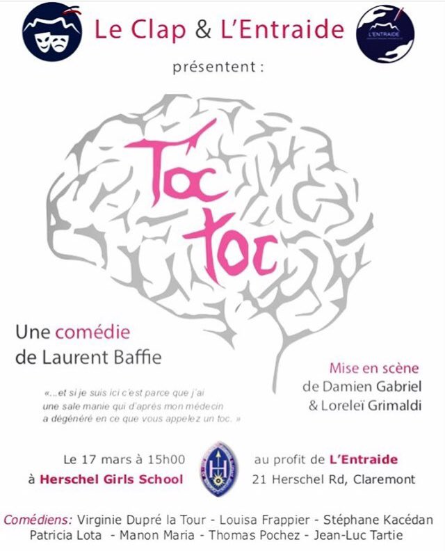 J-13 avant la première représentation de la comédie Toc Toc par Le Clap !

Tous les bénéfices seront remis à l’Entraide 👏🏻