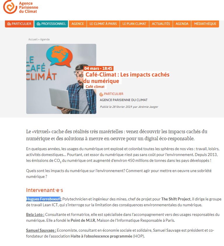 bbilloud's tweet photo. RDV Café #Climat : les impacts cachés du #numérique ce soir à 18h45, conférence organisée par @AparisClimat, avec @HalteOP @theShiftPR0JECT @bela_loto @pointdemir #TransitionEnergétique #TICdurables #EcoTIC #GreenIT #LowTech Plus d'info : https://t.co/URkBY5JYxL https://t.co/rnwesLnNnw