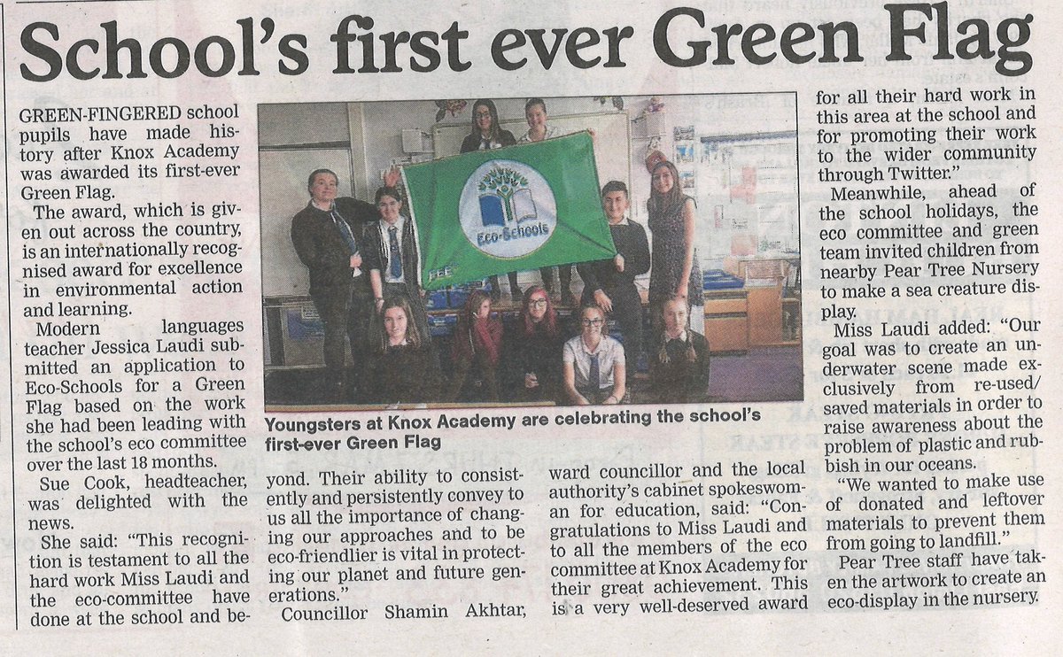 Great press for <a href="/knoxacademy/">Knox Academy</a>! Thanks to <a href="/elcourier/">East Lothian Courier</a> for writing about and sharing our recent Green Flag success in the newspaper! We're proud of our achievements &amp; this is a fantastic lead in to our now famous Eco-Week! #proud #ecorevolution #begreen

@EcoSchoolsScot <a href="/KSBScotland/">Keep Scotland Beautiful</a>