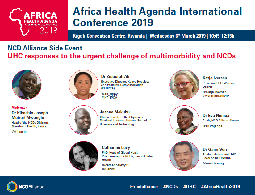 Promotional graphic for @ncdalliance side event on #NCDs and multimorbidity at the Africa Health Agenda International Conference 2019; with photos of panellists
