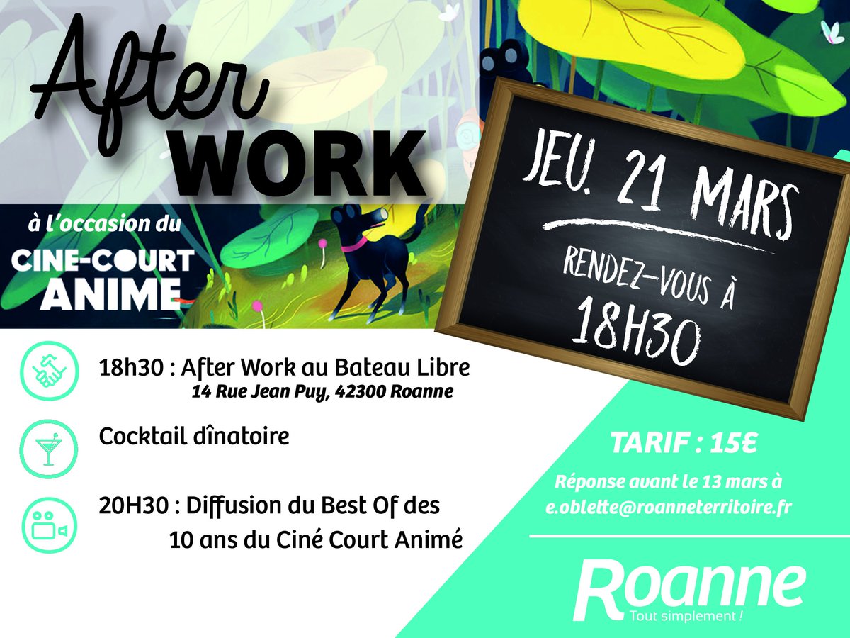 Participez au 1er #AfterWork de l'année
📅jeu. 21 mars 
📍au bateau Libre à #Roanne, 
suivi d'une séance spéciale ambassadeurs du Best Of des 10 ans du Festival Ciné Court Animé 📽️.

► Info : bit.ly/2IQTOdw