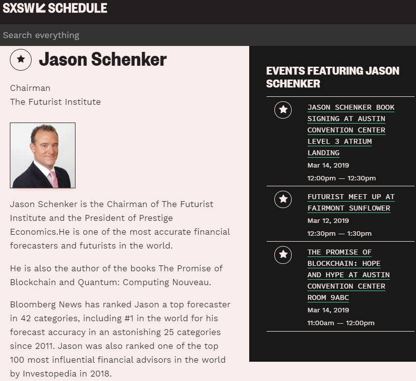 PrestigeEcon's tweet photo. Who is going to @SXSW #SXSW2019 #SXSW? Catch me at one of three different official sessions, including a book reading for #PromiseOfBlockchain! https://t.co/zbllf7qYA0 https://t.co/51bPpF44hA