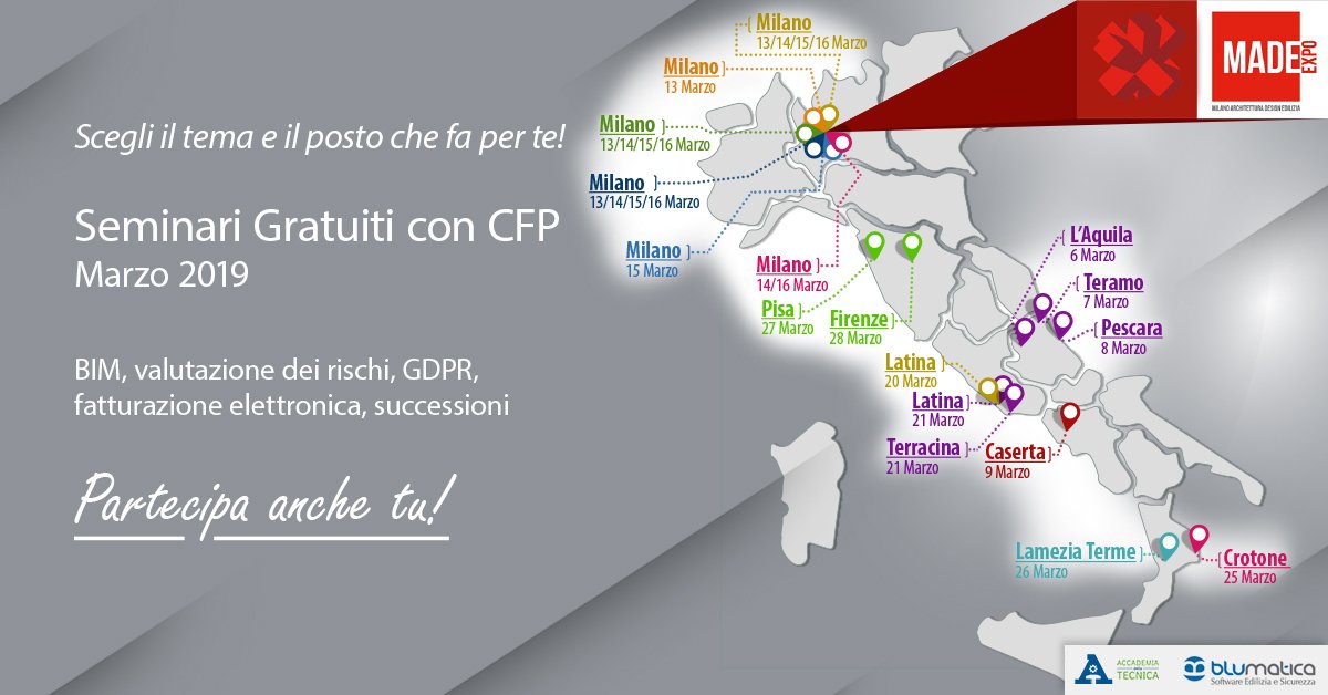 Blumatica's tweet photo. Consulta il calendario di #marzo per scoprire i temi e le tappe dei nuovi #seminari #gratuiti con #CFP
https://t.co/wfpMoBMgH5
#bim #gdpr #successionetelematica #fatturazionelettronica #efficienzaenergetica #ape #pos #sicurezzalavoro #calcolostrutturale https://t.co/fi1eexcUcP