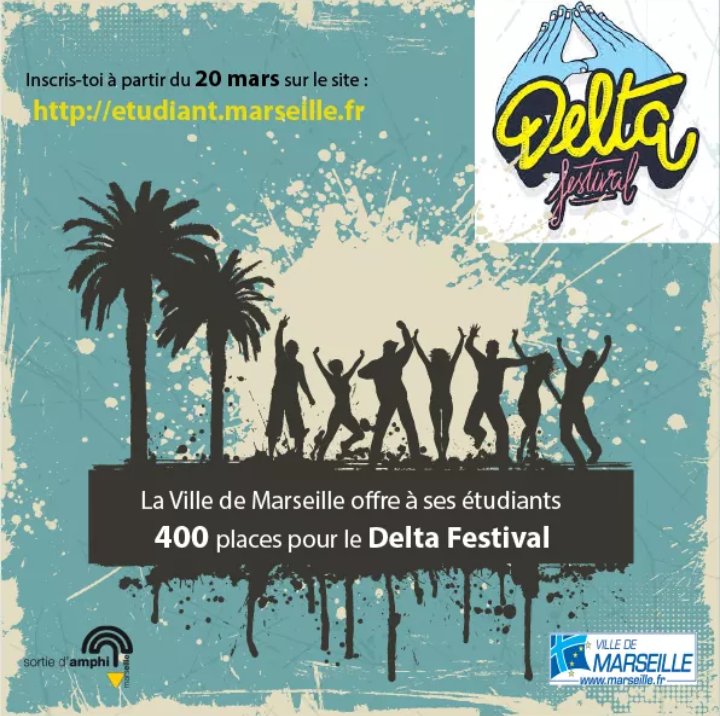 ⚠️ ATTENTION: c'est dans 16 jours‼️🥳
👉 La Ville de <a href="/marseille/">Ville de Marseille</a> offrira 400 PLACES pour le DELTA Festival!!
✍️ Inscriptions le 20 mars sur ➡️ etudiant.marseille.fr
⚠️PARTICIPE à l'événement Facebook "Journée De l'Etudiant // 20 mars 2019" pour connaître TOUT LE PROGRAMME🤩