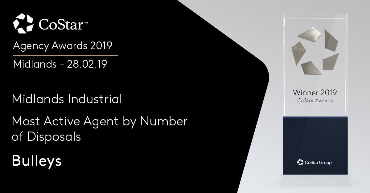 bulleys's tweet image. Bulleys win award for 'Most Active Agent by Number of disposals' at the Co-Star awards 2019! #CoStar #Industrial #2019 #Bulleys
costarawards.co.uk/winners/midlan…