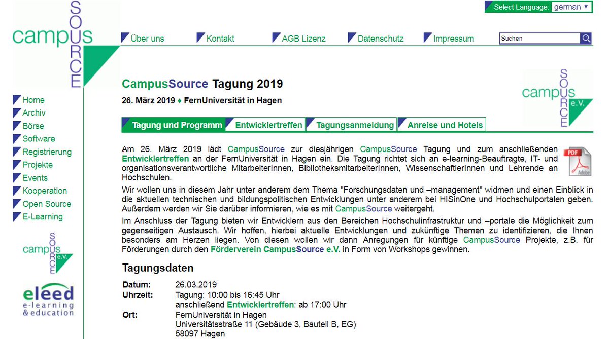 FachportalPaed's tweet image. Am 26. März lädt die @fernunihagen #elLearning-Beauftragte, Mitarbeiter aus IT- Bibliotheken, WissenschaftlerInnen und Lehrende zur CampusSource Tagung 2019 und anschließendem Entwicklertreffen ein. Thema "Forschungsdaten und –management" bit.ly/2VEXrVv #FDM