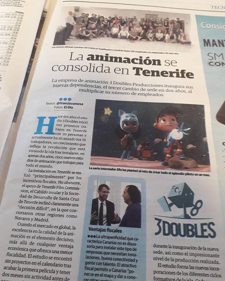 3DoublesProd's tweet photo. Salimos en el periódico! 

https://t.co/1LX29YXp8T…/2019…/22-animacion-consolida-Tenerife.htm

We are in the newspaper!

#canaryislands #3Danimation #womansinanimation #animationjobs https://t.co/Jd1CXw6kXF