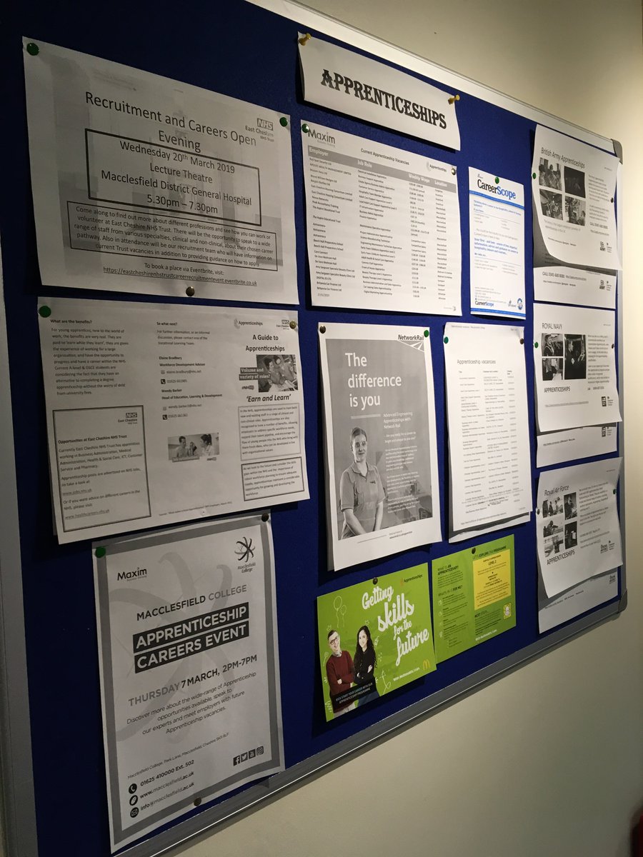 Lots of Apprenticeship information available in Macclesfield JC today including East Cheshire NHS Trust who have 65 Apprenticeships &amp; are holding a Careers open evening at Macclesfield Hospital on 20 March. Macclesfield College are holding an Apprenticeship careers event 7 Mar.