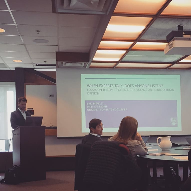 EricMerkley's tweet photo. Dissertation defended! Thanks to all who came out, including my awesome parents who travelled from Ontario. Thanks to my committee: Paul Quirk, @rgcjohnston3, and @fredcutler, and to my external examiner John Bullock for great feedback. 1/2 https://t.co/cGlk8CUZ0r