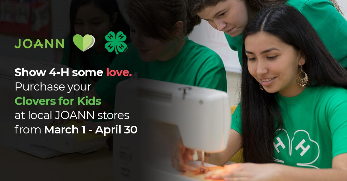 Texas 4-H (@texas4h) on Twitter photo Tell all your friends and your neighbor 8 doors down to visit <a href="/JoAnn_Stores/">JOANN Fabric & Craft</a> between now and March 27th to donate $1 or $4 at the register and help kids reach their goals and learn to serve! Also, check out the 4-H clover material available for a limited time! Tell all your friends and your neighbor 8 doors down to visit <a href="/JoAnn_Stores/">JOANN Fabric & Craft</a> between now and March 27th to donate $1 or $4 at the register and help kids reach their goals and learn to serve! Also, check out the 4-H clover material available for a limited time!