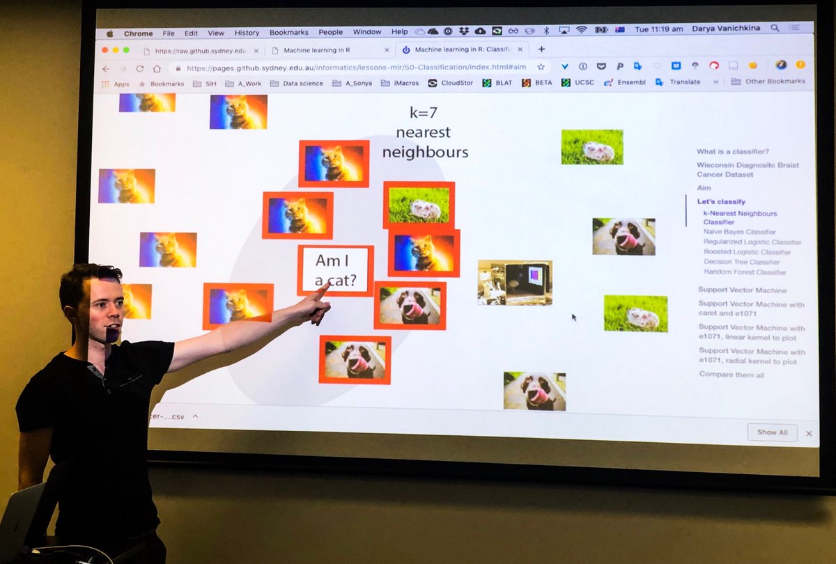 Sydney_CRF's tweet image. #SydInformatics&apos; Dr. Gordon McDonald teaching the k-nearest neighbours algorithm at SIH&apos;s #MachineLearning in #R Workshop by posing the existential question that crosses all our minds at some point, “Am I a cat?” 🙀🐈🙀