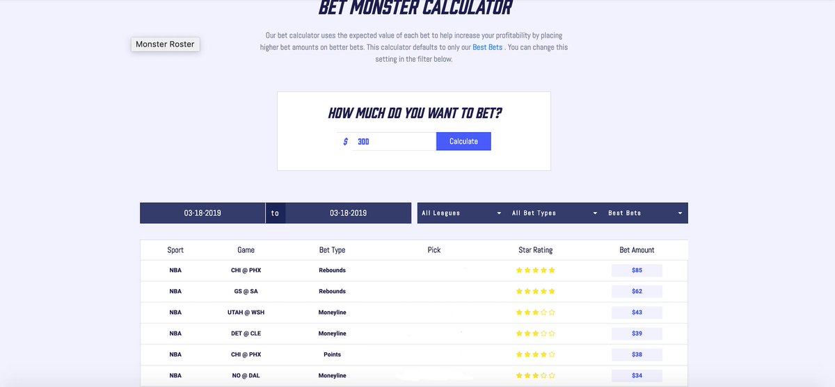 monster_roster's tweet photo. Not only do we tell you who we like, but we also give a recommendation on how much to bet depending on your daily bankroll.  Hop on over to https://t.co/XNDGmpq7C6  and sign up to see what those picks are for today! https://t.co/dim08199il