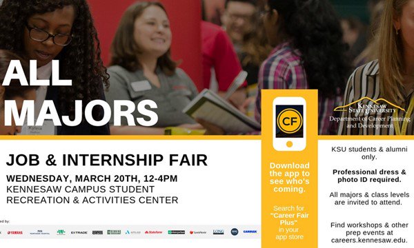 Don't Forget the All- Majors Fair tomorrow, March 20th from noon- 4pm located in the Dr. Betty L. Siegel Student Recreation &amp; Activities Center on the Kennesaw Campus!
#CareerFair