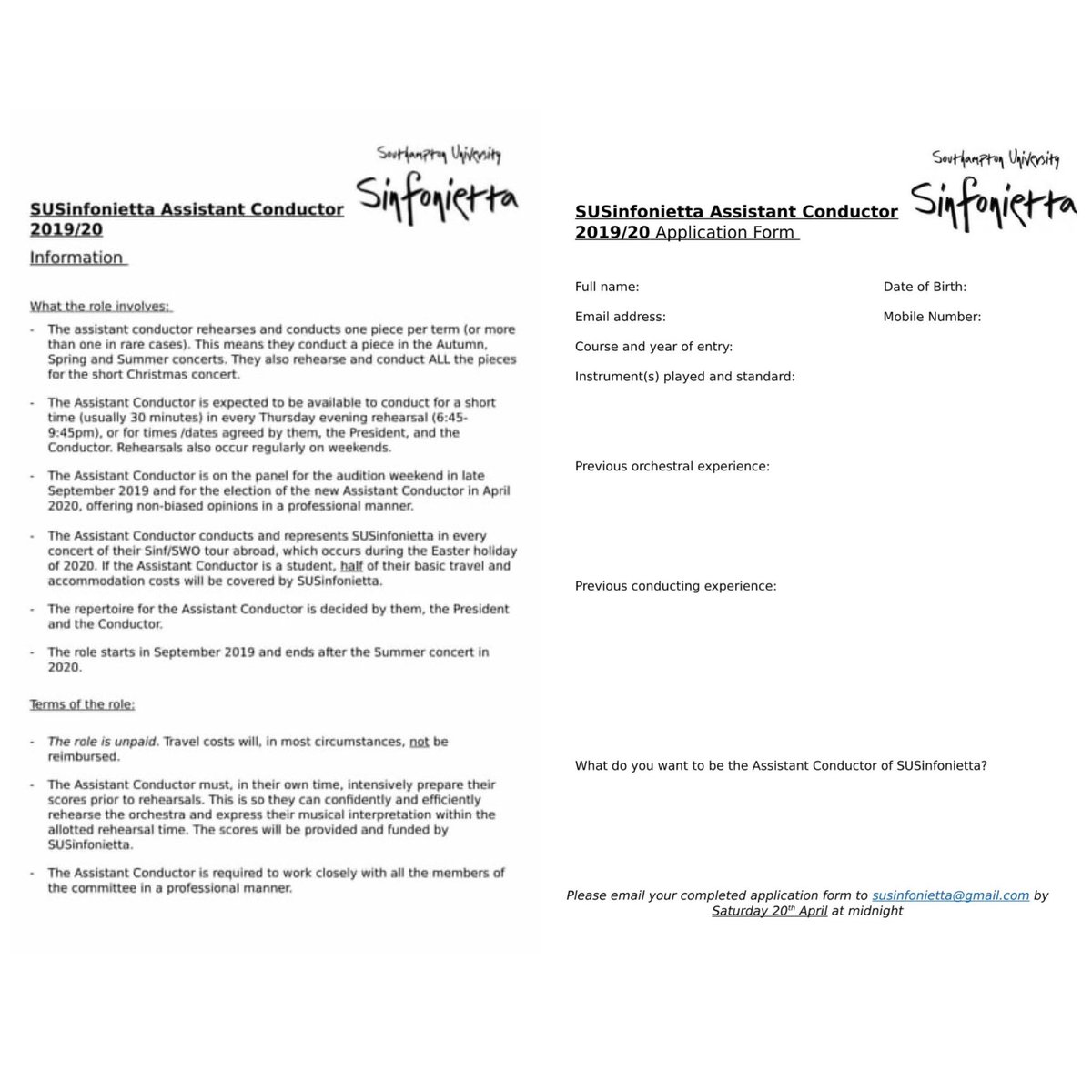 SUSinfonietta's tweet image. *SUSinfonietta are looking for a new Assistant Conductor for the year 2019/20*
 
Audition date (not flexible): Sunday 28th April 3-4pm.

To apply, please email susinfonietta@gmail.com and request for the information and terms document, and the application form. Deadline: 20/4/19