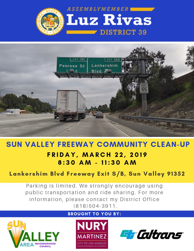 AsmLuzRivas's tweet photo. Many constituents have expressed to me how important community beautification is to them and have asked how they can help. Here’s one way to take action! Join me on Friday for a Freeway Community Clean-Up. Thanks to @CaltransDist7 @SunValleyNC and @CD6Nury for partnering. https://t.co/048ErznCqm