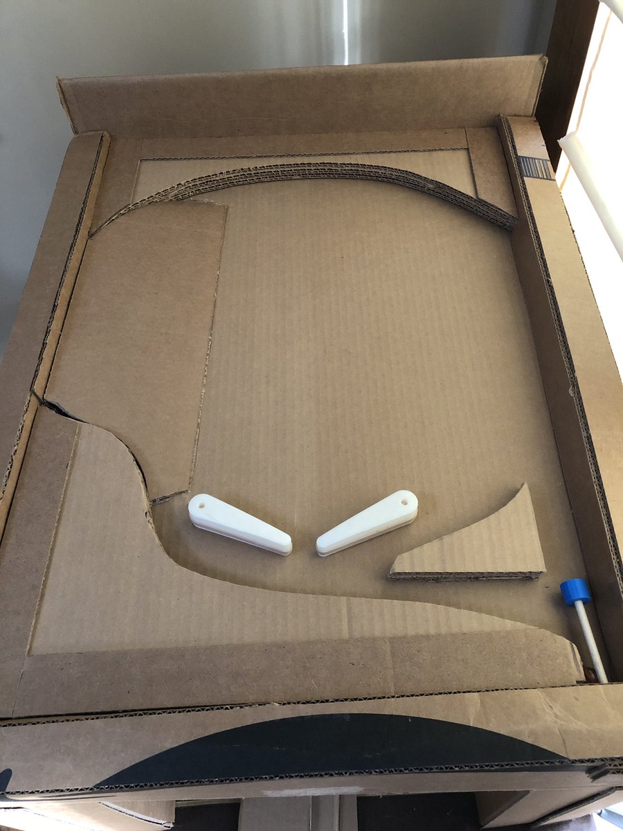 First attempt at legs failed so I’m going to think about it for a couple days. Playable #cardboard #pinball machine. Needs play area art and obstacles next. #maker