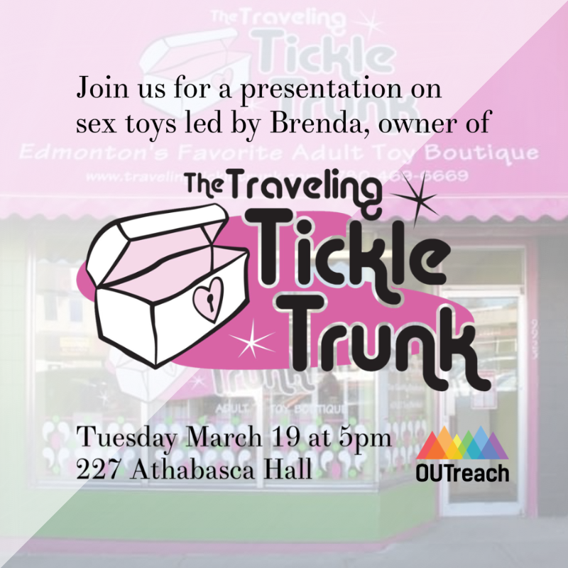 uofaOUTreach's tweet photo. This Tuesday evening, Brenda will be bringing in toys from The Traveling Tickle Trunk and giving a presentation on sex toys! https://t.co/Y2nCIR5jsY