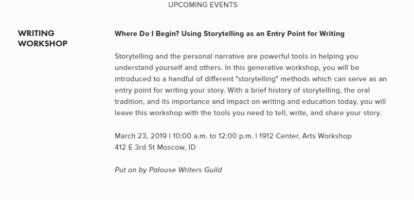 This weekend! I’m teaching a workshop on storytelling as an entry point for writing in Moscow ID. I’d love for you to join me! Register here: spingo.com/calendar/event… #writing #writingworkshop #moscowid #storytelling