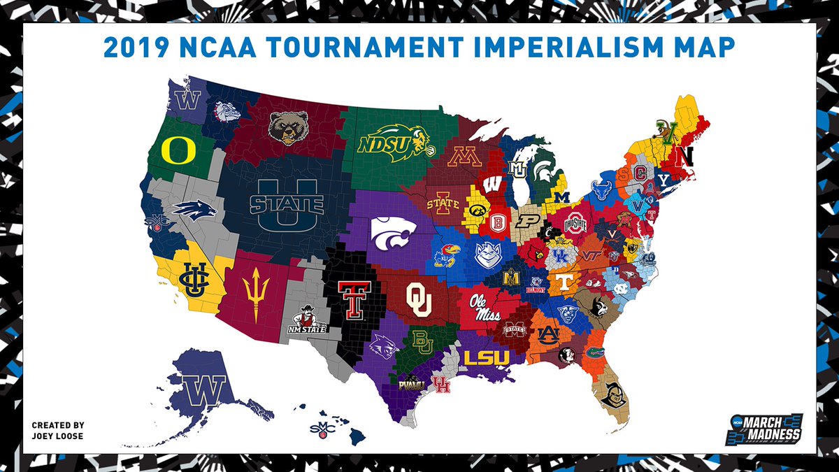 #MarchMadness Imperialism Map:
🏀 Each county in US is assigned to closest team in bracket.
🏀 When a team wins, they take the loser’s territory.

Who will take over the country?