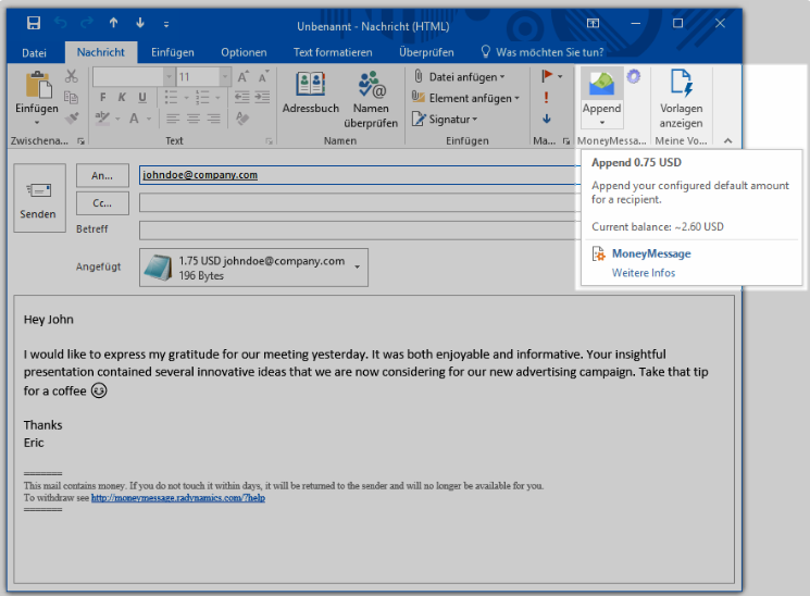 WKahneman's tweet image. Welcome to the future:  MoneyMessage is an add-in for MS Outlook that lets you send #XRP over email by integrating Wietse&apos;s TipBot! 
#xrp #XRPcommunity  
moneymessage.radynamics.com/moneymessage_w…
